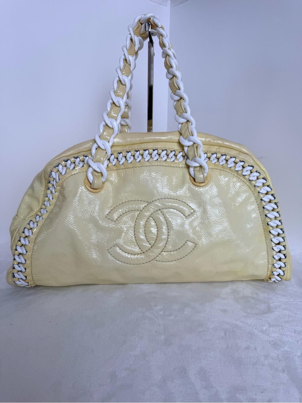 CHANEL Yellow Patent Leather Modern Chain Bowling Bag with White Chain Detail